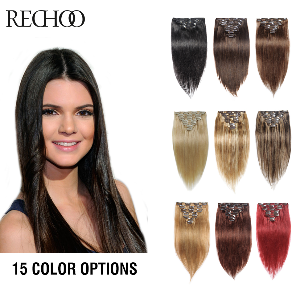 Image of Rechoo Remy Clip In Hair Extensions 7 Piecese Set Human Hair Clip In Cheveux Extensions Clip On Natural Hair Cabelo Tic Tac