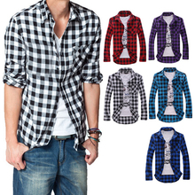 2016 Men’s Cotton Turn-down Collar Plaid Double Beasted Full Sleeves Casual Shirt 7GJR 88A3