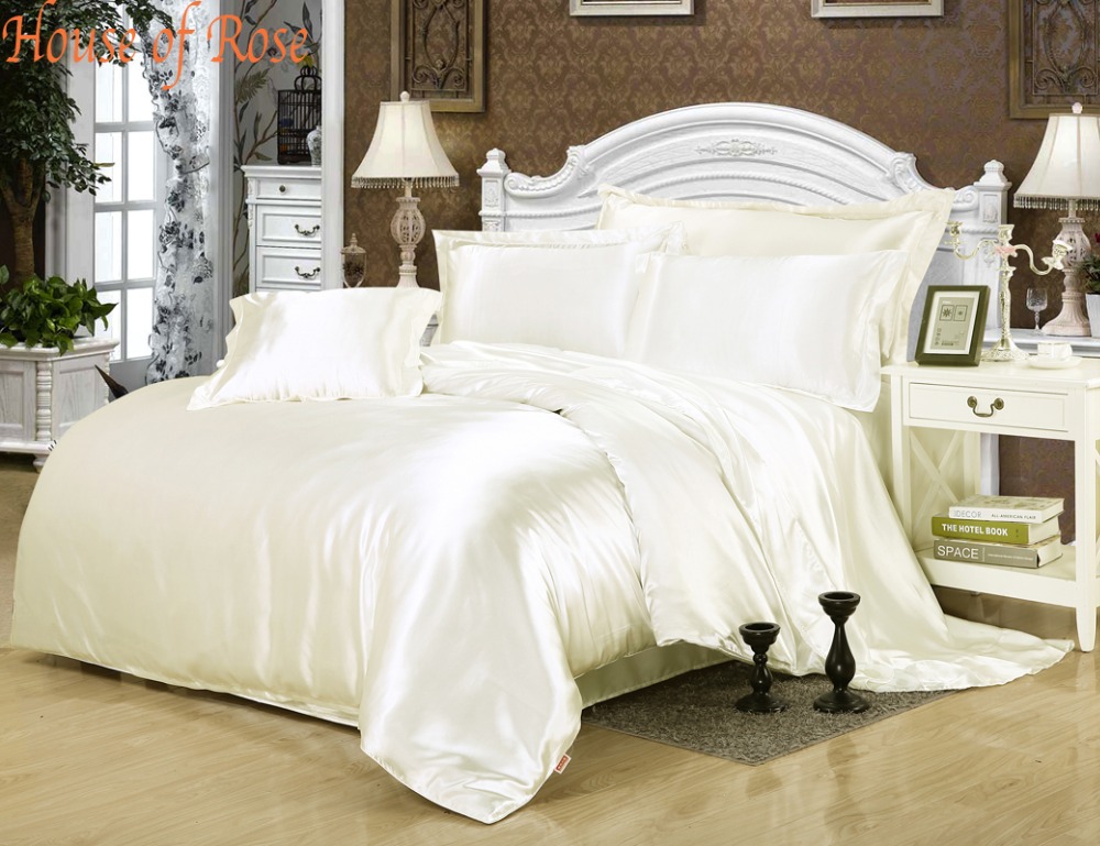 Luxury Milk White Silk Satin Bed Sheet Set Duvet Cover Hotel Bed Linen Set 4pc Twinfullqueen 4059