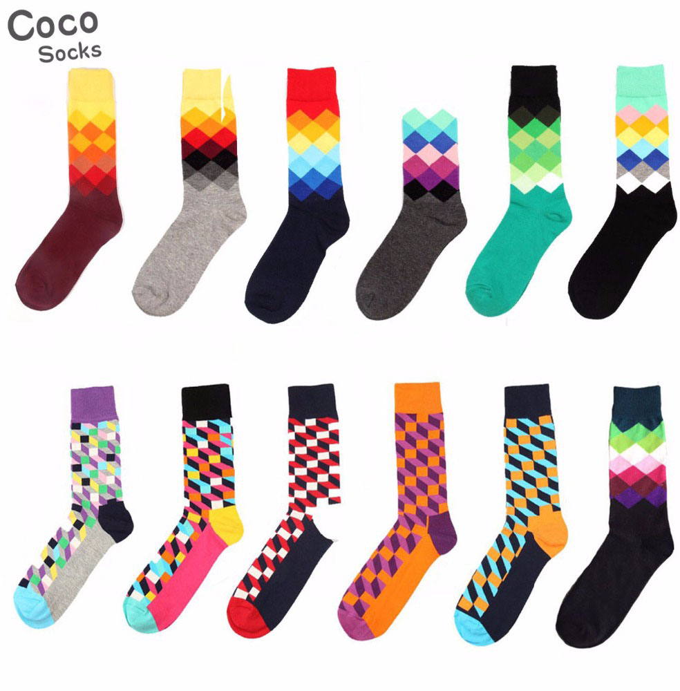 Image of Male Tide Brand Happy Socks Gradient Color Paragraph summer Style Pure Cotton Stockings Men's Knee High Business Socks 088w