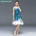 New 2016 Women Summer Sundress Elegant Sleeveless Floral Print White Dress Wedding Party Casual Midi Dress