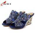 Genuine Leather Wedged Shoes Women Luxury Brand 2016 Summer New Fashion Slippers Diamond High Heels Comfortable