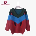 SinoFashion Loose Knitted Sweater 2016 Hitz V collar striped Mohair hairy sleeve head sweater backing womens