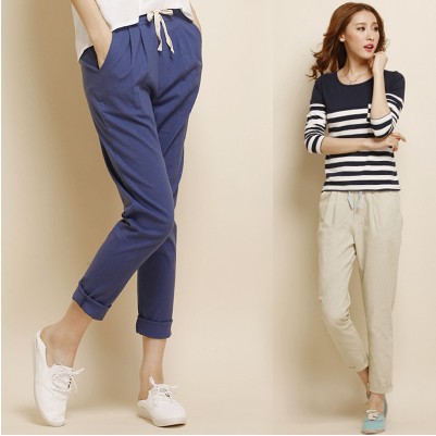 Image of In Summer 2016 Fashion Linen Haren Nine Elastic Waist Pants All-Match Loose Cotton Candy Colored Women's Casual Pants Trousers