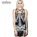 Fashion Black White Skeleton Print Dresses Sexy Bodycon Dress Cross Straps Mini Short Dress Club Bandage