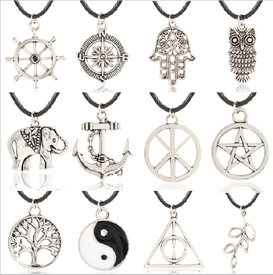 Wholesale Compass Rudder Owl Elephant Tree Foliage Retro Geometric Pattern Pentagram Pendant Necklace Best Jewelry For