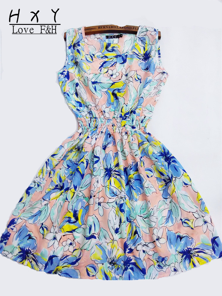 Image of New Brand 2014 Summer Women Casual Print Sleeveless Dress Chiffon stripe / floral print Elastic Waist Bohemian Beach Dresses