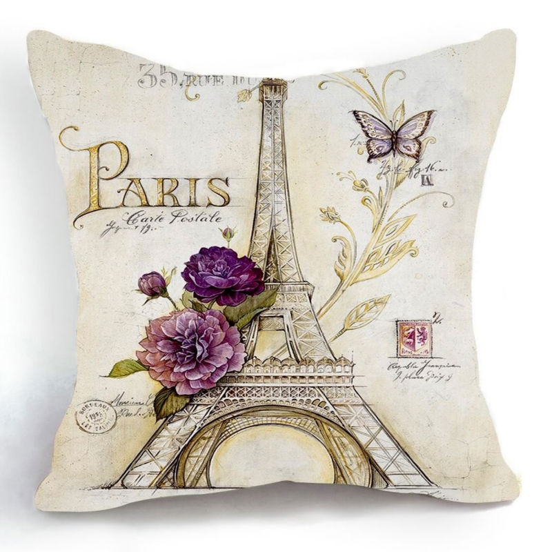 Free Shipping Cotton Linen Retro Vintage Eiffel Tower Purple Flower Decorative Throw Pillow Case ...