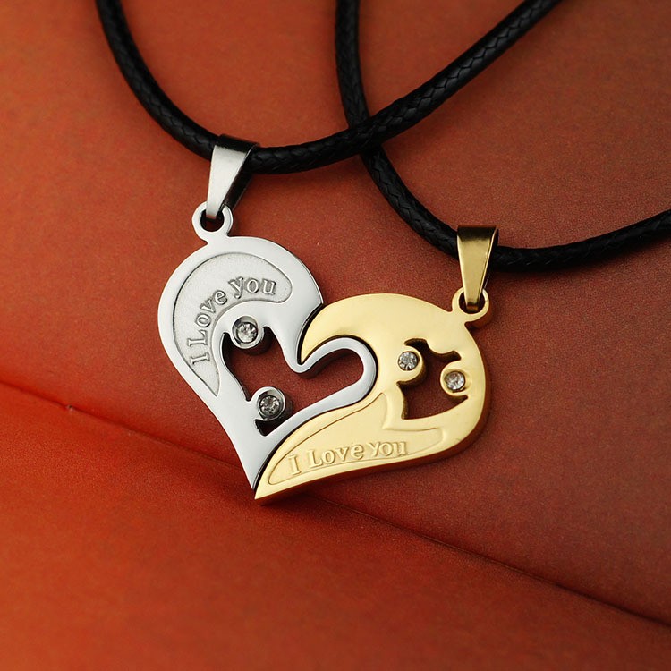 simple love you stainless steel broken two heart pendant men couples chain necklace