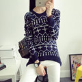 High Quality Casual Loose Oversized Cross Printed Girls O Neck Long Sleeve Pullover Black Wool Cashmere
