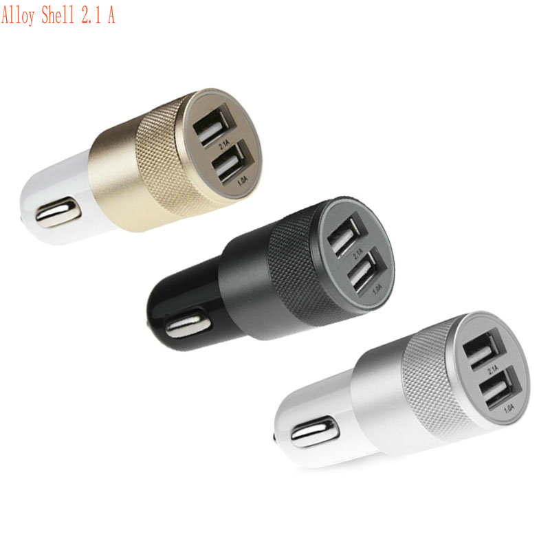 Fashion 12v 2.1A 1.0A Aluminium 2-port USB Universal Car Charger for Normal Usb phone for iphone for