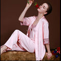 2017 new spring autumn elegant women silk satin 3 piece sleep suit 3pcs pajama set sleepwear
