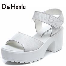{D&H}2016 New Genuine Leather Platforms Women Sandals Summer Lady Square Heel Gladiator Shoes Women Eur Size34-40 Free Shipping