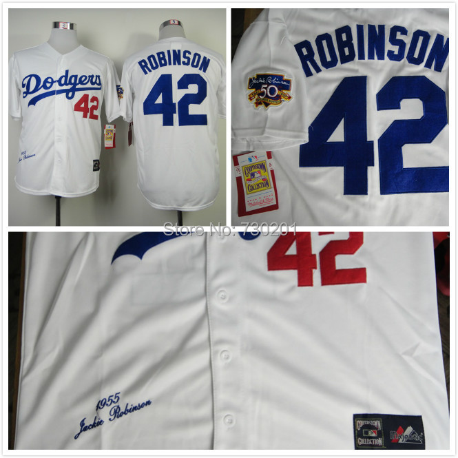 Image of Cheap LA Dodgers #42 Jackie Robinson Throwback M&N Baseball Jersey 1955 W/ 50TH Patch , Free Shipping