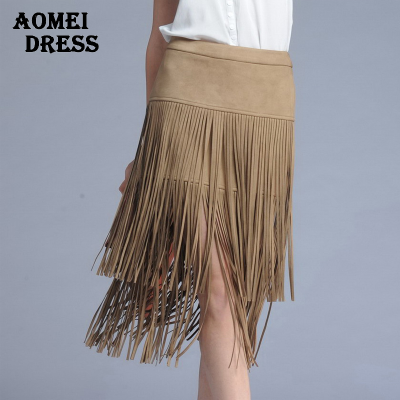 2016 Women Suede Leatherette Fringe Skirt Tassel Khaki Female kilt Jupe