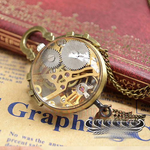 wholesale buyer price good quality Chic accessories Steampunk Skeleton bronze glass ball mechanical pocket watch