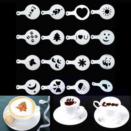 16Pcs set Fashion Cappuccino Coffee Barista Stencils Template Strew Pad Duster Spray Tools accessories 019 
