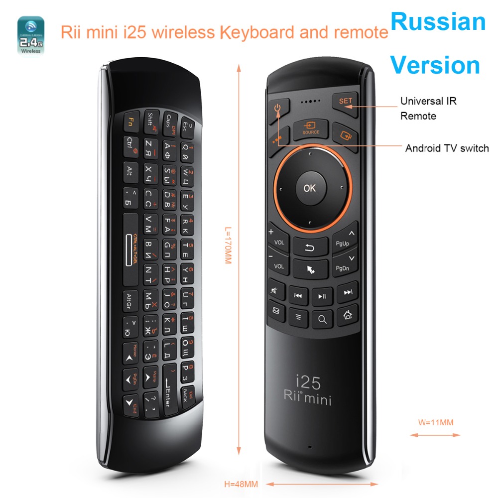 Hot selling Original Rii mini i25 2.4Ghz Air Mouse Remote Control with Russian Keyboard for PC Samsung Smart TV Android TV BOX