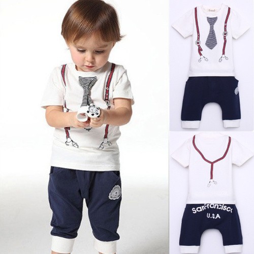 New Kids Baby Boy Cotton Tie Belt Print Top T Shirt Short Pants Tops 1 5Y