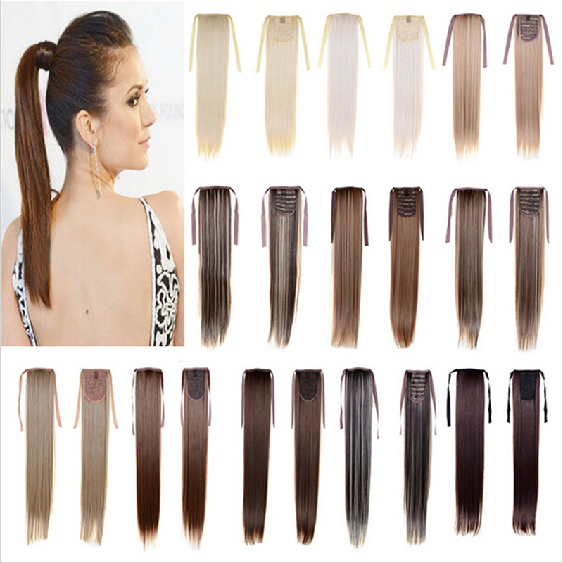 Image of Clip in Ribbon Ponytail Hairpieces Synthetic False Hair Tail Straight Ponytail Hair Extensions Drawstring Ponytail 16 Colors