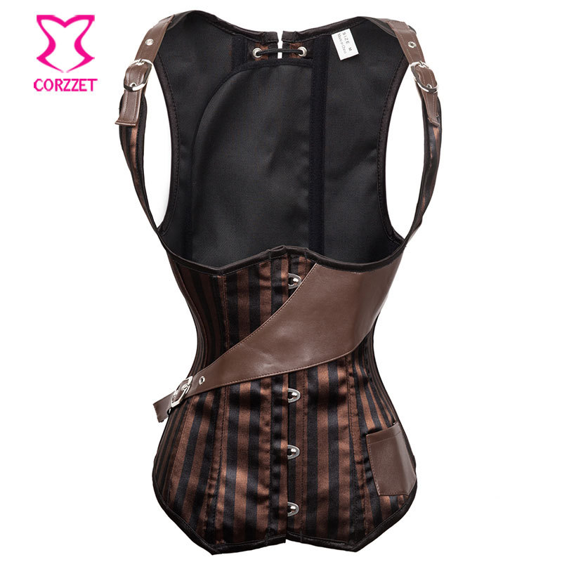 Brown Black Striped Steampunk Sexy Corsets and Bustiers Burlesque Steel Boned Waist Training Corset Underbust Vest