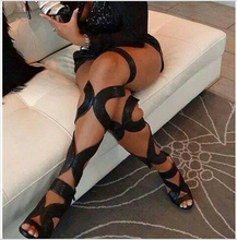 Summer Style Open Toe Lace Up Black Leather Thigh High Boots Gladiator Women Sandals Boots High Heels Shoes