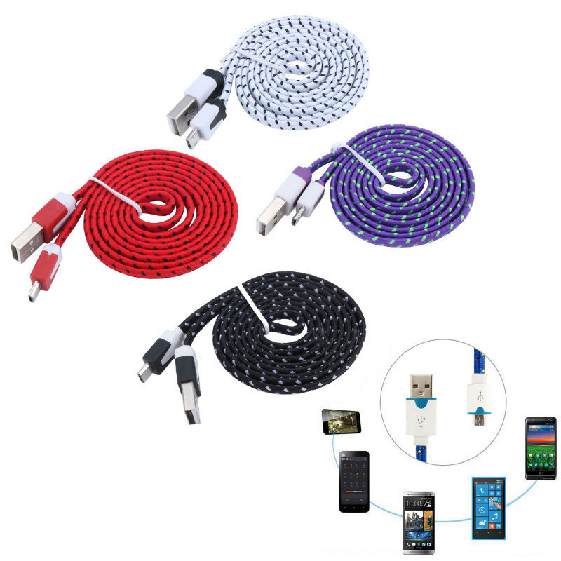 Image of 1M/2M/3M Flat Braided Fabic Woven USB Data Sync Charger Cable Flat Cord Wire For Samung Galaxy S3 S4 HTC Micro USB