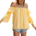 2015 Women Sexy Off The Shoulder Blouses Shirts Sweet Yellow Slash Neck Long Flare Sleeve Peplum