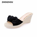 2017 Summer fashion thick bottom slope with the flat beach sandals slippers new canvas high heeled