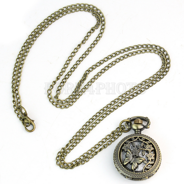 Retro Vintage Bronze Butterfly Flower Hollow Quartz Pocket Watch Chain Necklace