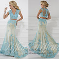 Modest Blue Lace 2 Piece Prom Dresses 2015 Mermaid Long Evening Gowns V Neck Custom Made