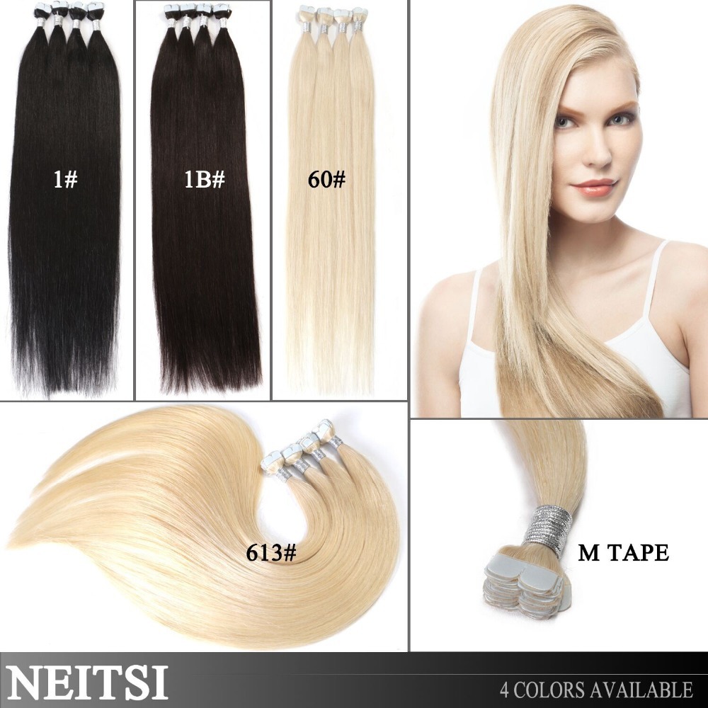 Image of Neitsi 20" 613# 60# 1# 1b# M-Shape Heart Skin Weft Remy Human Hair Tape Extensions Straight Natural Tape In Virgin Hair Pieces
