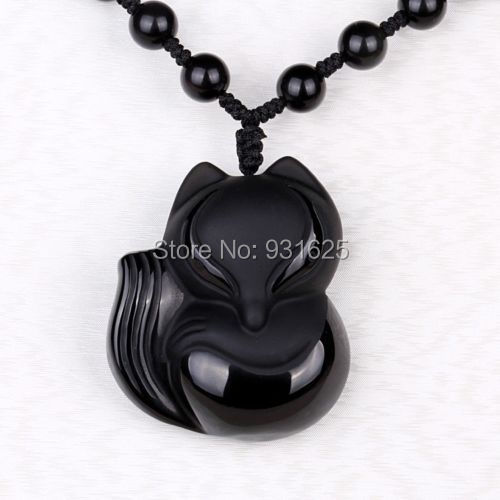 beautiful Black 100% Natural A Obsidian Carved FOX Necklaces pendant beautif -1 36x32x10mm