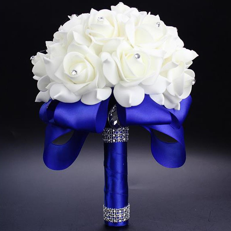 Perfectlifeoh White Royal Blue Rose Flowers Bridal Bouquet With