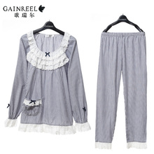 Song Riel spring and autumn fashion men and women long sleeved striped cotton pajamas leisure lovers