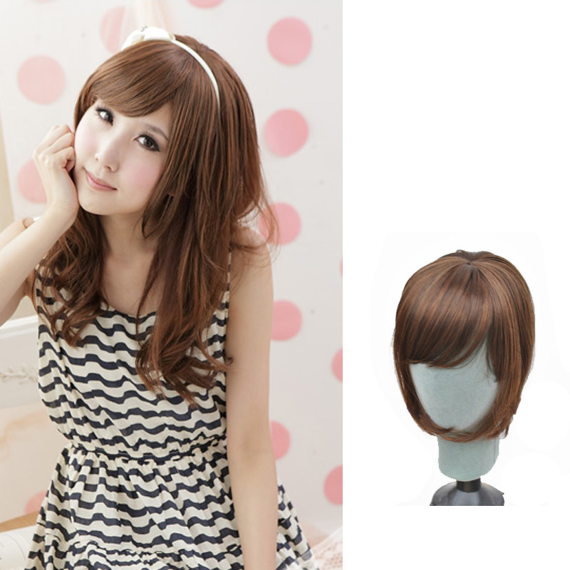 Image of Synthetic Hair Top Piece Oblique Bangs Toupe With Temples Hair Fringe Clip in Hair Extension 5 Colors