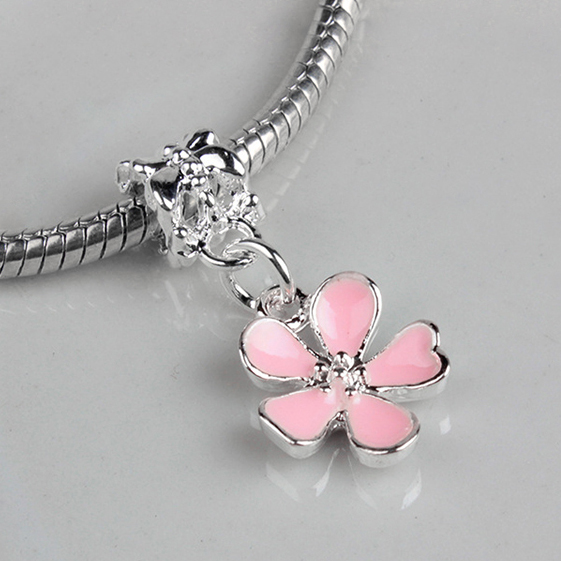 Image of Free Shipping Silver Bead Charms European Cherry Blossoms Flower Pendant Bead Fit Women Diy Pandora Bracelets & Bangles YW15530