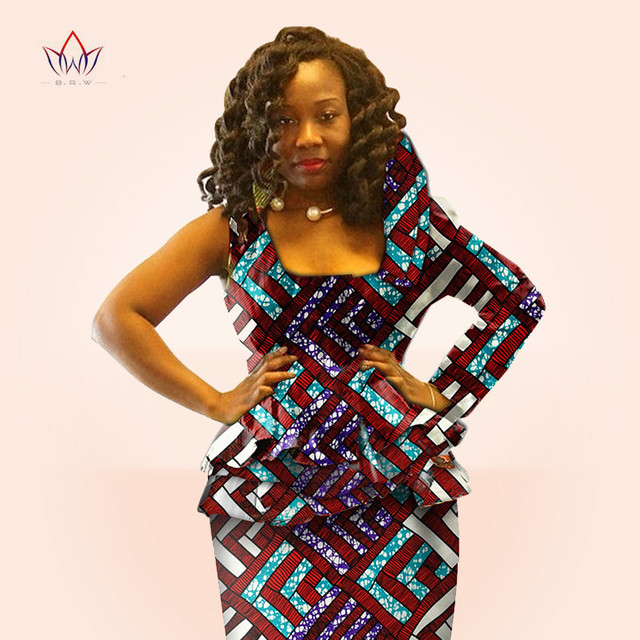 BRW Африки восковой Печати Dashiki Топ и Юбка Набор Осенние Женщины традиционные Базен ткани оборками блузка Плюс Размер одежды WY326