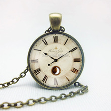 Vintage Clock Cabochon Pendant Necklace Antique Bronze Women Vintage Chain Necklace Retro Jewelry