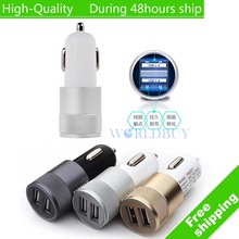 High Quality Mini Aluminum Universal 12V 2.1A Dual Usb Car Charger Adapter Cable For Mobile Cell Phones Tablet PC Free Shipping
