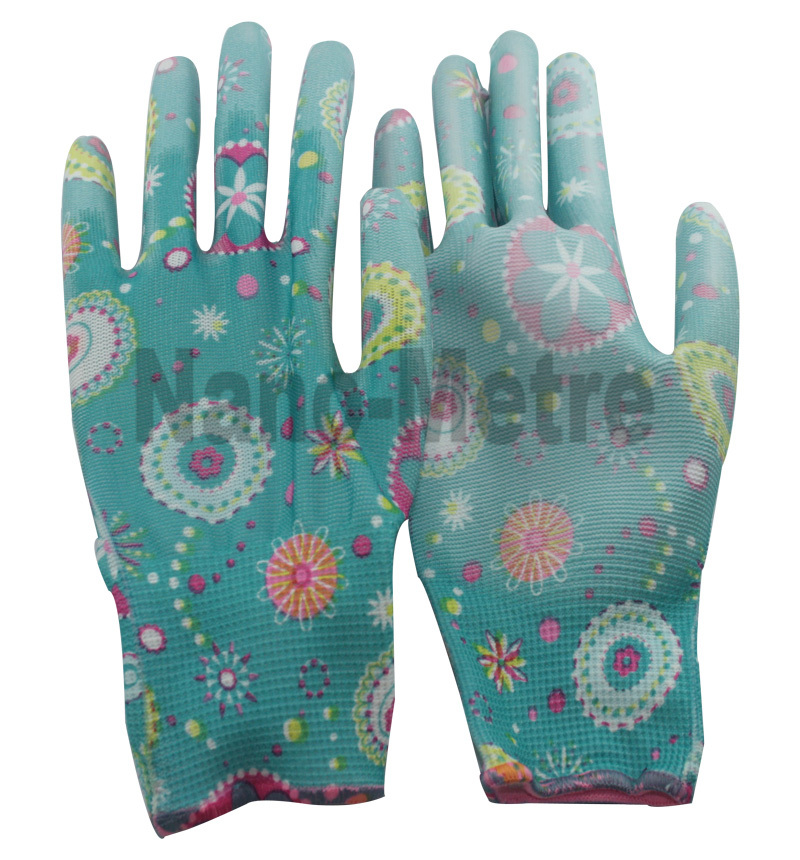 NMSafety 3 pairs high quality 13 gauge flower print polyester liner coated PU practical gloves lady