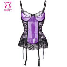 Purple Gauze&Black Floral Lace Patchwork Women Corset Female Corpete Corselet Espartilho Hot Body Shaper Sexy Lingerie Underwear