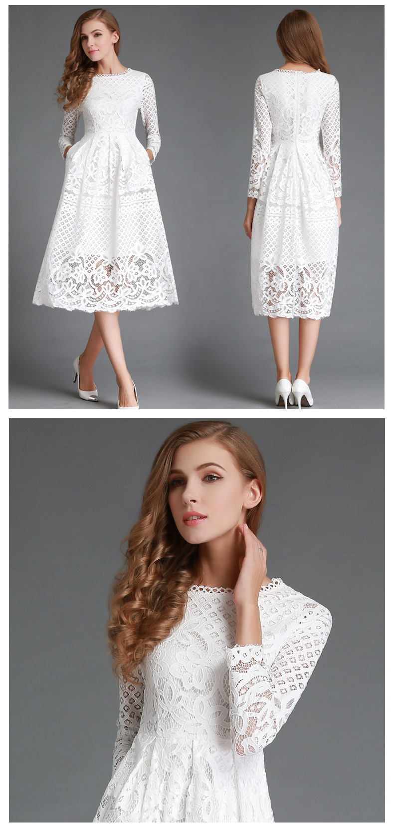 High Quality Hollow Out Elegant White Lace Dress Women