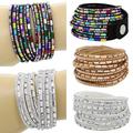 Popular Women s Men s Fashion Multi Layers Rhinestones Faux Leather twine Bangle Bracelet 52I3