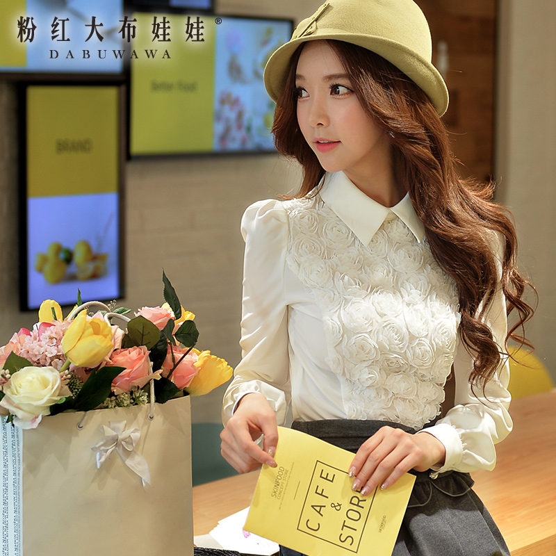 Autumn and winter long sleeved shirt Girl Pink Doll 2015 new white shirt Lapel short slim Korean female