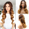 2016 Long Wavy Lace Front Wig Heat Resistant Hair Fashion Dark Root Brown Ombre Wig Celebrity