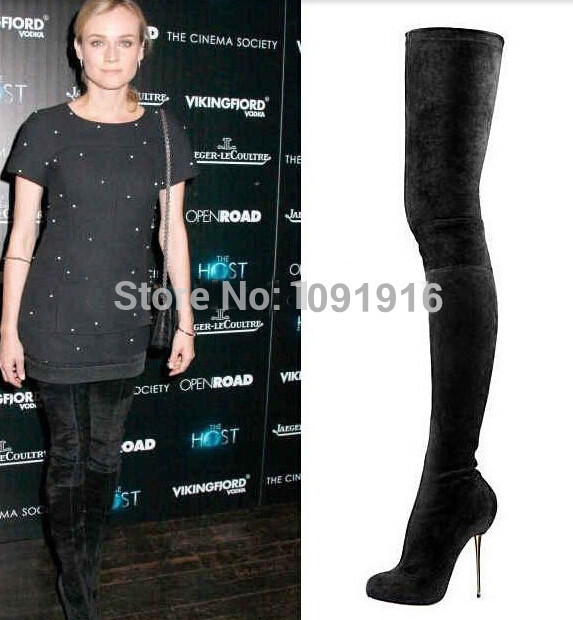 2014 noir en daim femmes bottes dessus du genou, Métal haute talons chaussures femmes cuissardes