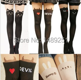 Image of New Fashion Women Nylon Cute Cat Totoro Knee High Tights 16 Styles Tattoo Stockings Girls Sexy Pantyhose Over Knee Stockings