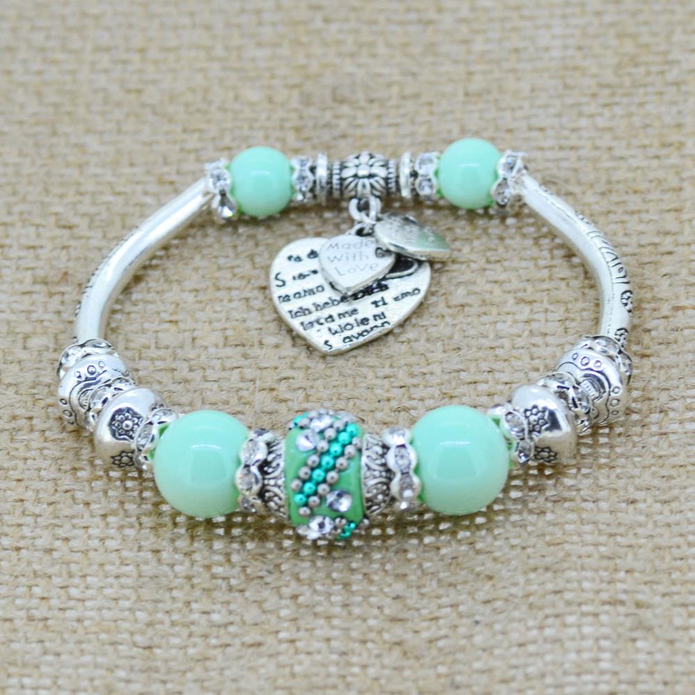 Image of Fashion Silver Plated Jewelry Love Heart Charm Bracelets & Bangles Glass Beads Strand Bracelets for Women 2016 Fine Jewelry