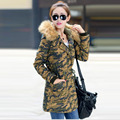 Women more cotton padded clothes with bigger sizes of 2016 autumn winters camouflage printed hooded cotton